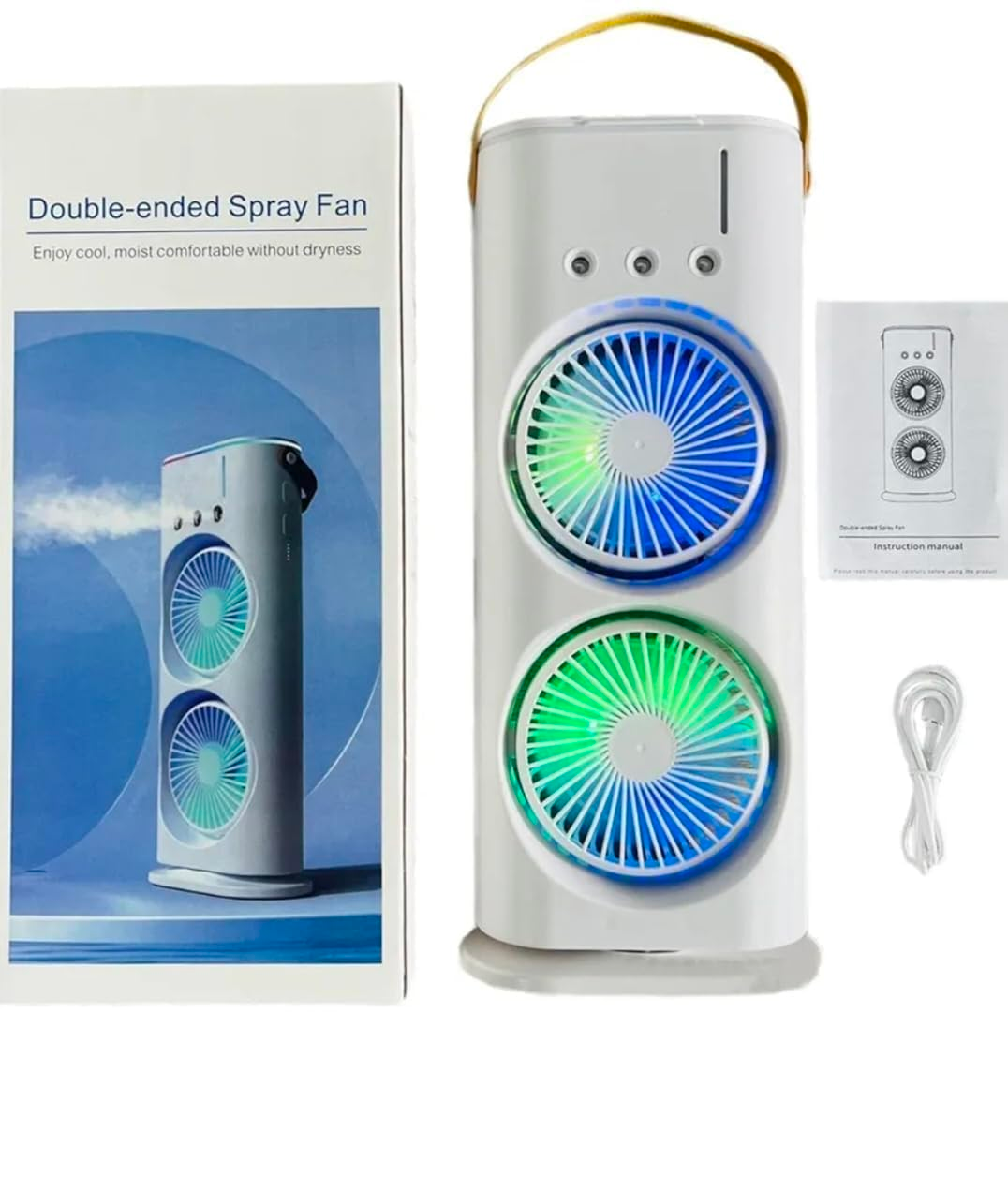 Darziq portable double-ended spray fan in white, showing its compact, handheld design with dual spray nozzles for cooling and hydration.