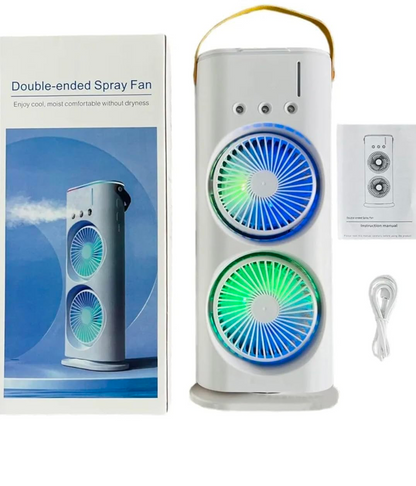 Darziq portable double-ended spray fan in white, showing its compact, handheld design with dual spray nozzles for cooling and hydration.