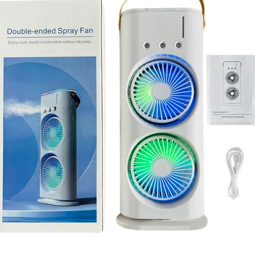 Darziq portable double-ended spray fan in white, showing its compact, handheld design with dual spray nozzles for cooling and hydration.