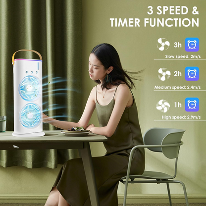 Darziq portable double-ended spray fan for health and beauty, showing its compact design and dual spray nozzles for cooling.