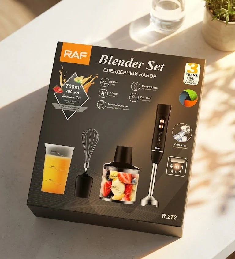 Darziq Raf 4-in-1 Blender Set for health and beauty, featuring multiple attachments and sleek design in the image.