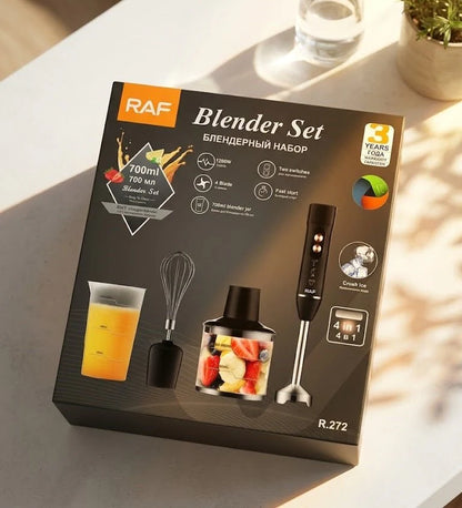 Darziq Raf 4-in-1 Blender Set for health and beauty, featuring multiple attachments and sleek design in the image.