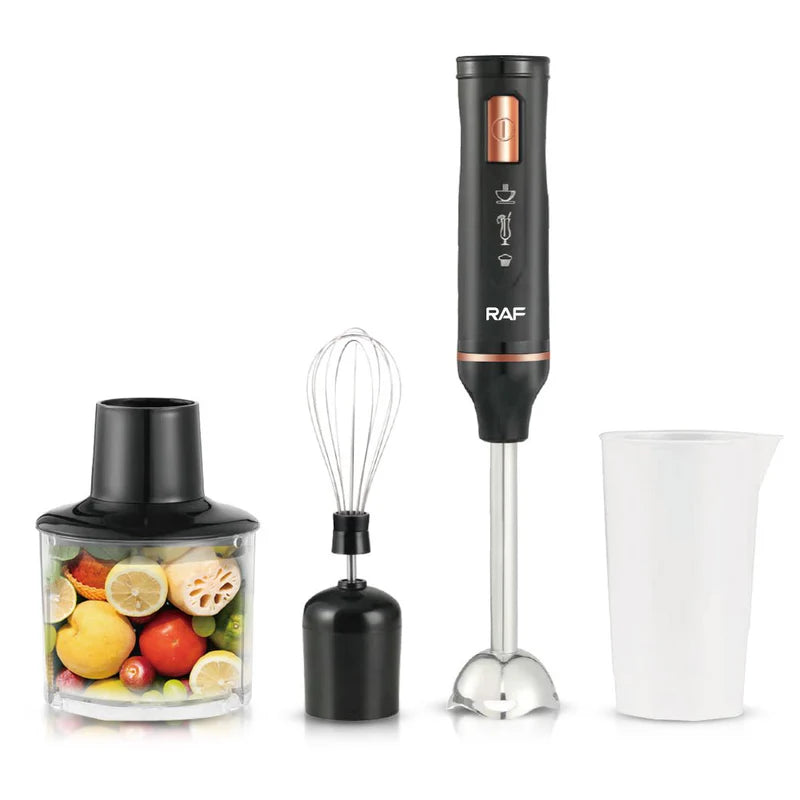 Darziq Raf 4-in-1 Blender Set for health and beauty, featuring multiple attachments and sleek design for versatile use.