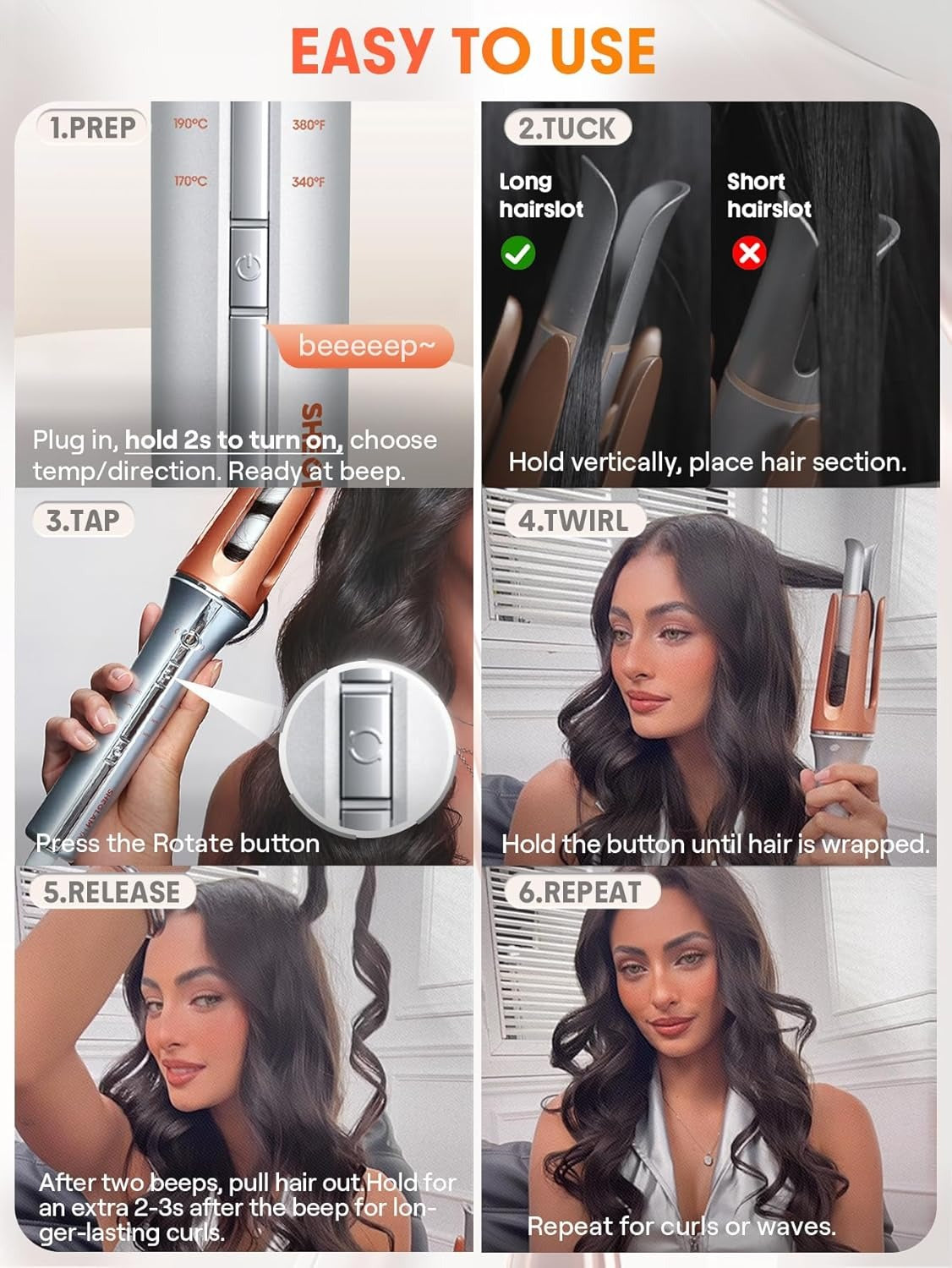Darziq Sheglam Automatic Curling Iron for health and beauty, showcasing its sleek design and curling barrel in a close-up shot.