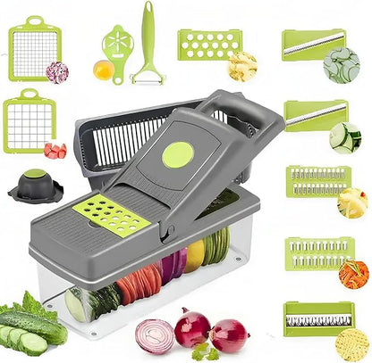 Darziq 14-in-1 vegetable chopper and mandoline slicer with container box for easy chopping, slicing, and dicing in the kitchen.