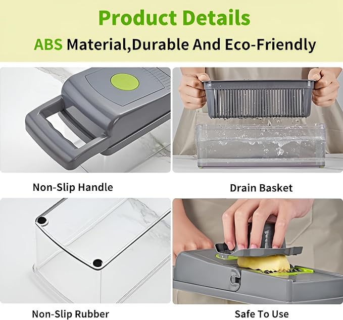 Darziq 14-in-1 vegetable chopper and mandoline with container box, featuring various blades for slicing, dicing, and chopping vegetables.