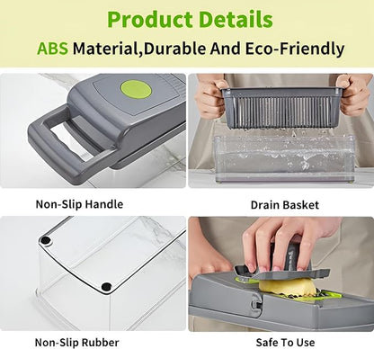 Darziq 14-in-1 vegetable chopper and mandoline with container box, featuring various blades for slicing, dicing, and chopping vegetables.