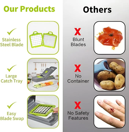 Darziq 14-in-1 vegetable chopper and mandoline slicer with container box for efficient home kitchen vegetable prep.
