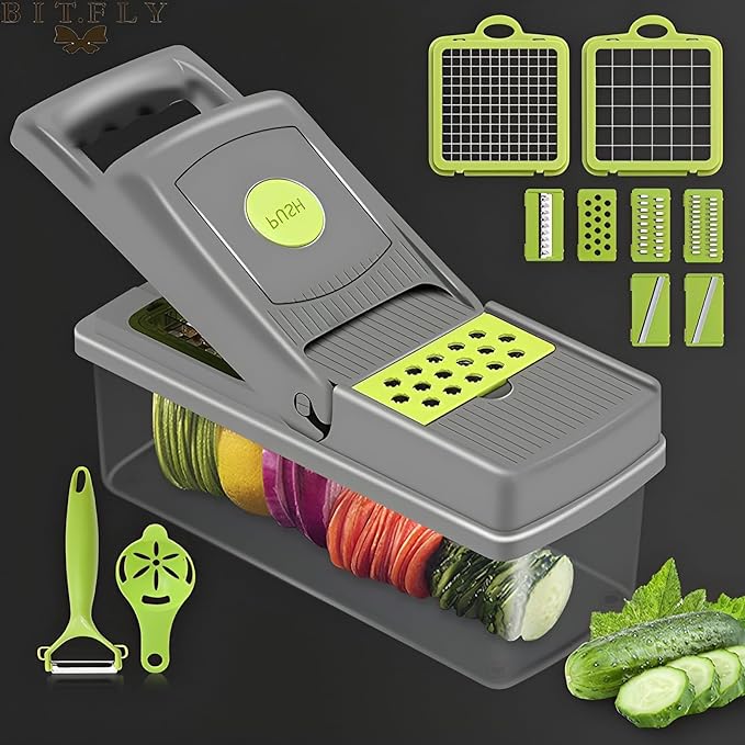 Darziq 14-in-1 vegetable chopper and mandoline dicer with container box, stainless steel blades, and adjustable slicing options.
