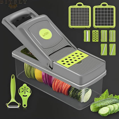 Darziq 14-in-1 vegetable chopper and mandoline dicer with container box, stainless steel blades, and adjustable slicing options.