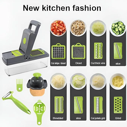 Darziq 14-in-1 vegetable chopper with mandoline, dicer, slicer and container box for efficient kitchen prep.