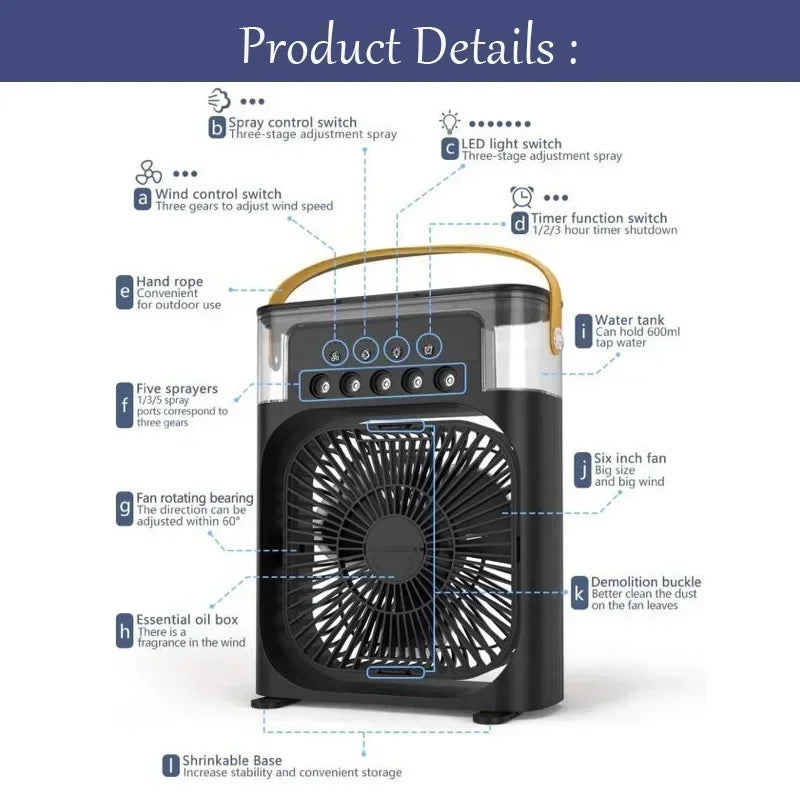 Darziq 3-in-1 humidifier cooling fan for home and kitchen, showing a sleek device with adjustable settings and a modern design.