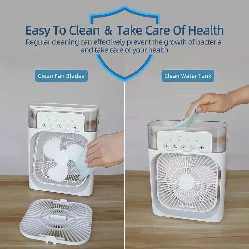 Darziq 3-in-1 humidifier cooling fan for home and kitchen, showing a sleek white device with adjustable settings and airflow vents.