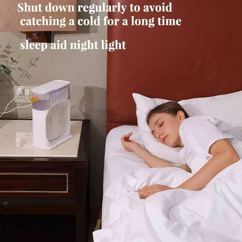 Darziq 3-in-1 humidifier cooling fan for home and kitchen, showing a sleek device with adjustable settings and mist output.