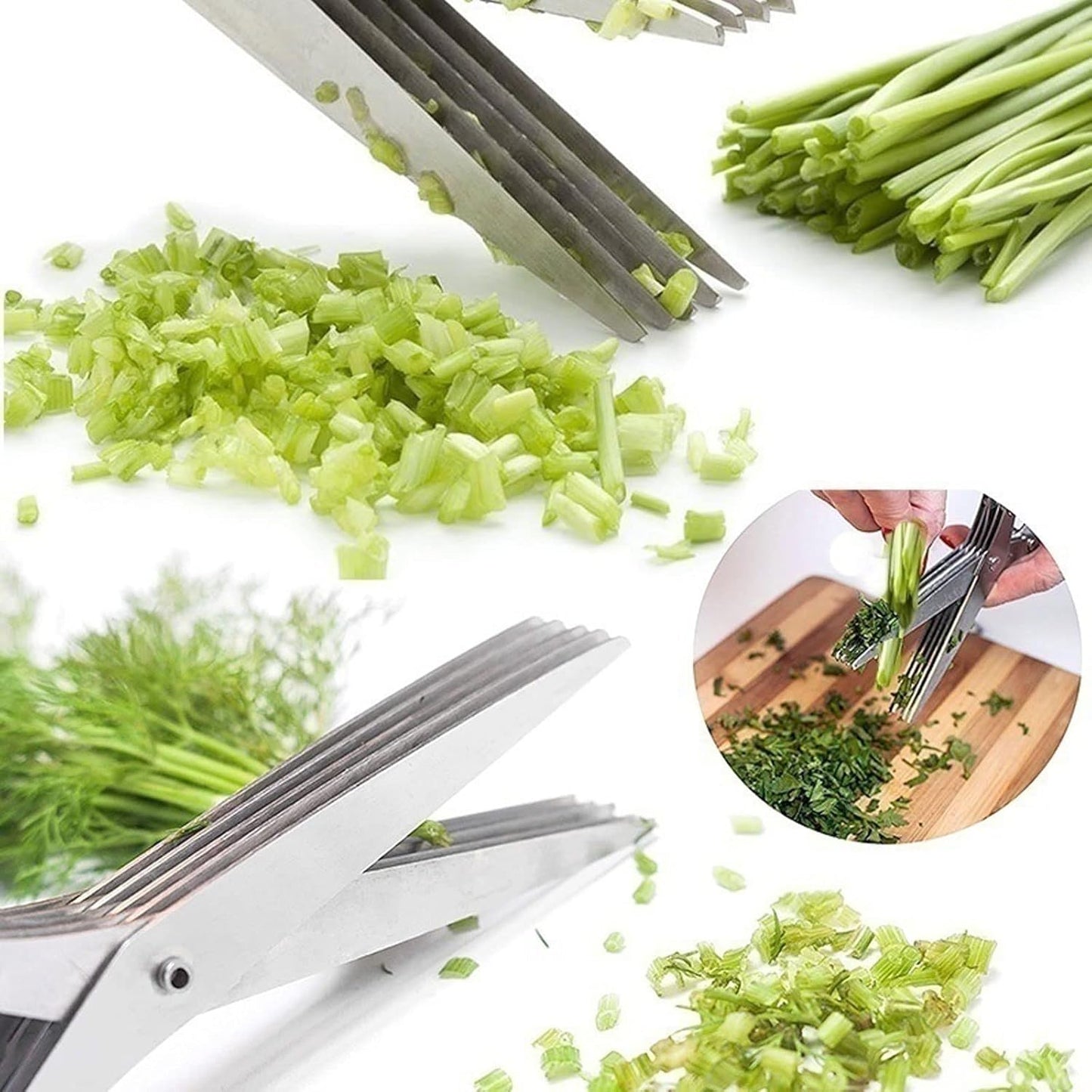 Darziq 5-layer multifunctional stainless steel scissors for home and kitchen use, showing sharp blades and ergonomic handles.