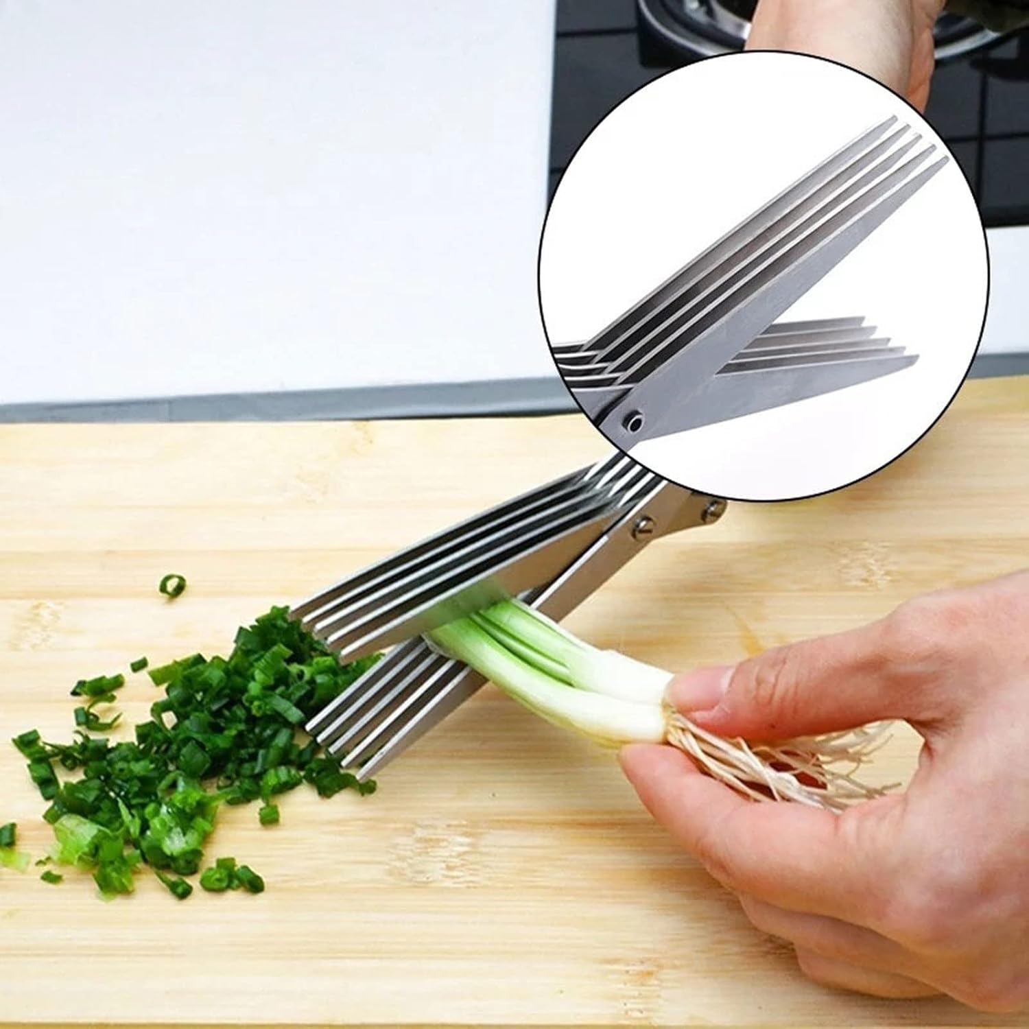Darziq 5-layer multifunctional stainless steel scissors for home and kitchen use, with ergonomic handles and sharp blades.