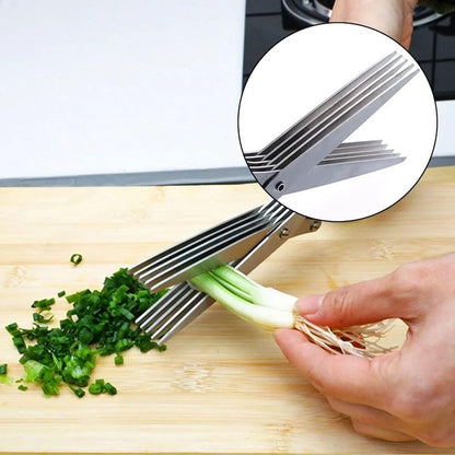 Darziq 5-layer multifunctional stainless steel scissors for home and kitchen use, with ergonomic handles and sharp blades.