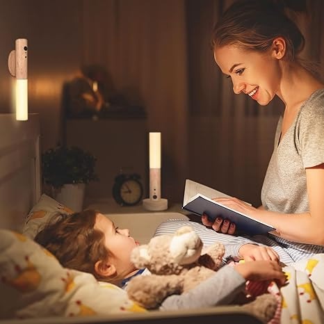 Darziq cordless motion sensor night light illuminating a hallway in a home setting for energy-efficient lighting.
