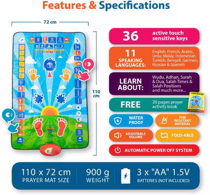 Educational Smart Prayer Mat for Kids by Darziq, featuring colorful design and interactive features for learning prayer.