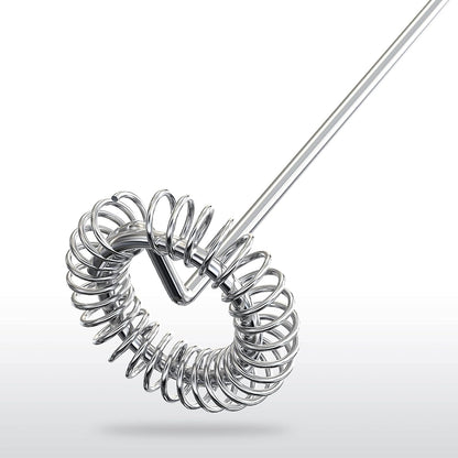 Darziq electric milk frother for home and kitchen, showing frothing whisk and stainless steel body on a countertop.