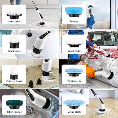 Darziq electric spin scrubber with seven replaceable brush heads for deep cleaning in home and kitchen surfaces.