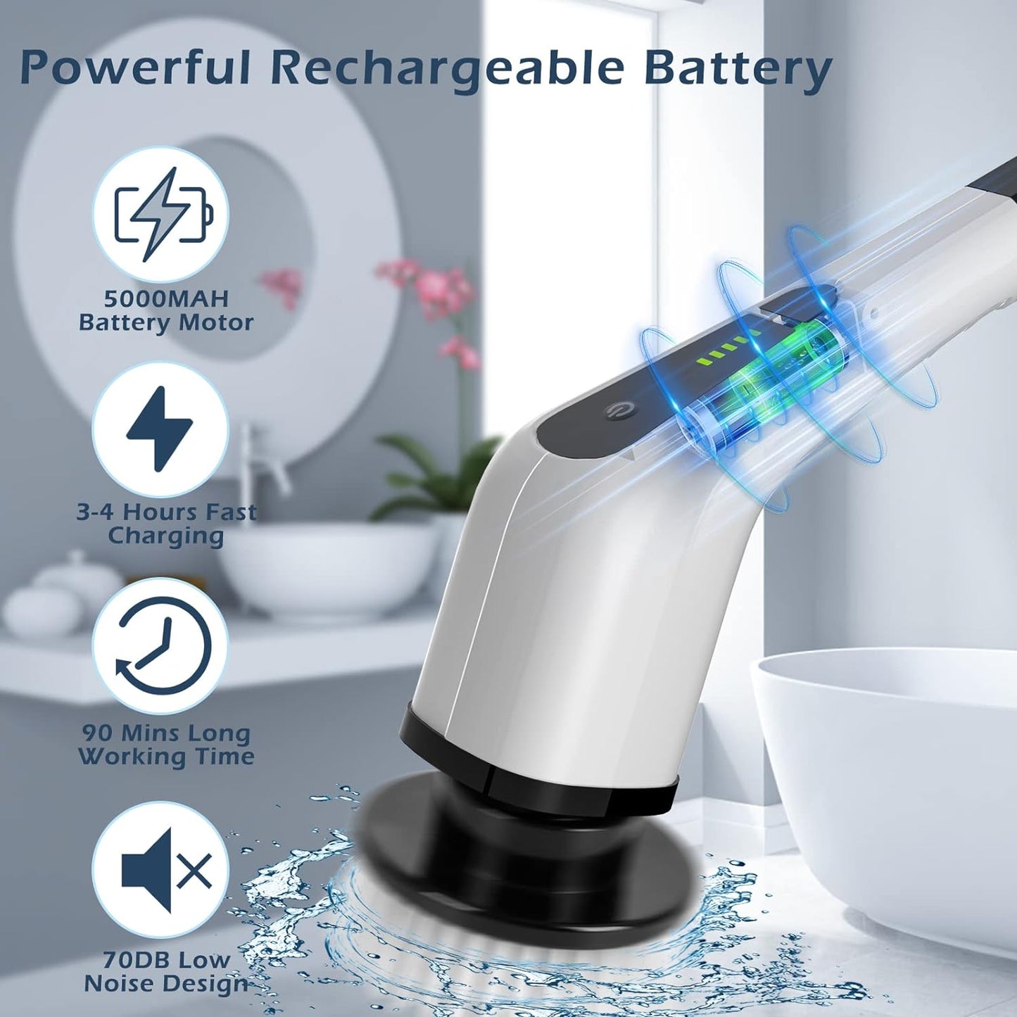 Darziq electric spin scrubber with 7 replaceable brush heads for deep cleaning in home and kitchen surfaces.