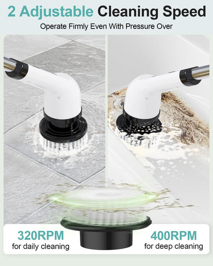 Darziq electric spin scrubber with 7 replaceable brush heads for deep cleaning in home and kitchen surfaces.