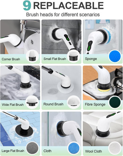 Darziq electric spin scrubber with 7 replaceable brush heads for cleaning kitchen and home surfaces.