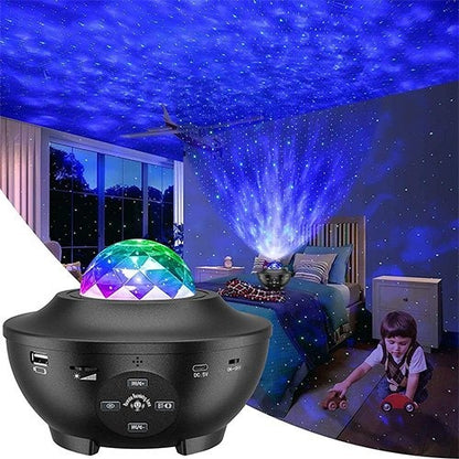 Darziq Galaxy Projector with Bluetooth music speaker displaying starry night sky projection and built-in speaker in a home setting