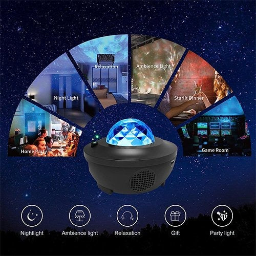 Darziq Galaxy Projector with Bluetooth music speaker displaying starry sky projection and sleek design for home use.