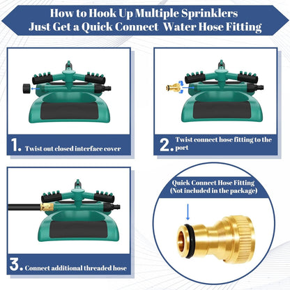 Darziq lawn and garden sprinkler system with adjustable spray nozzles for watering lawns and garden beds.