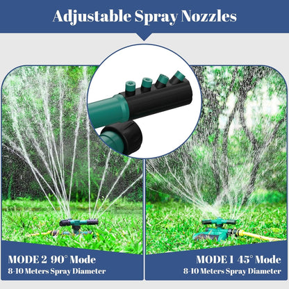 Darziq lawn and garden sprinkler watering grass and plants in a home garden setting.