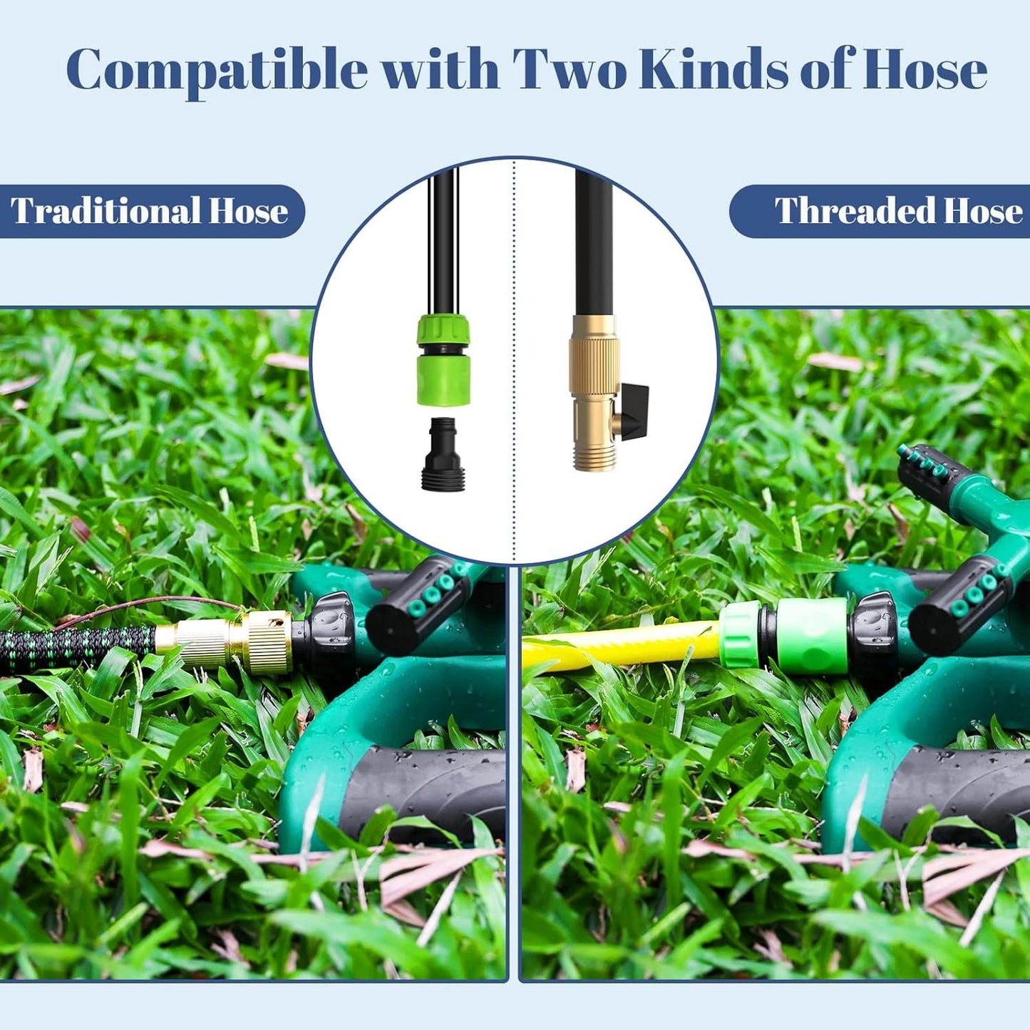 Darziq lawn and garden sprinkler system showing adjustable spray nozzles for watering lawns and plants.