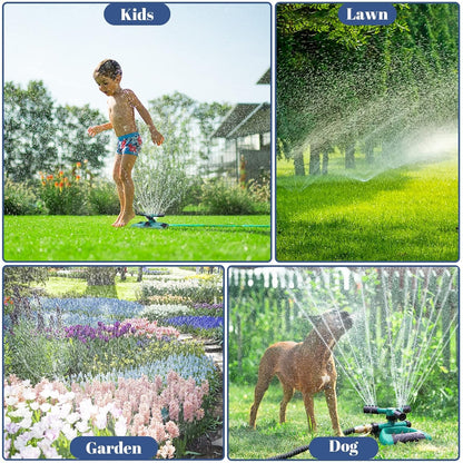 Darziq lawn and garden sprinkler showing adjustable spray nozzles for watering lawns and garden beds outdoors.