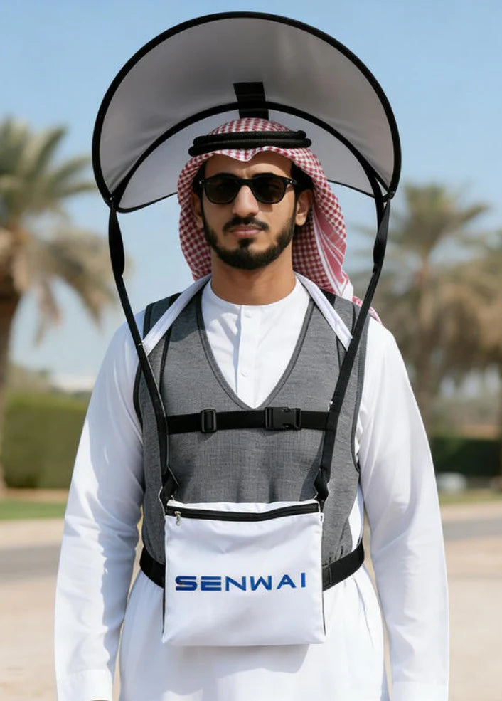 Darziq wearable sun shade hat in neutral color, featuring wide brim for sun protection, ideal for outdoor activities.