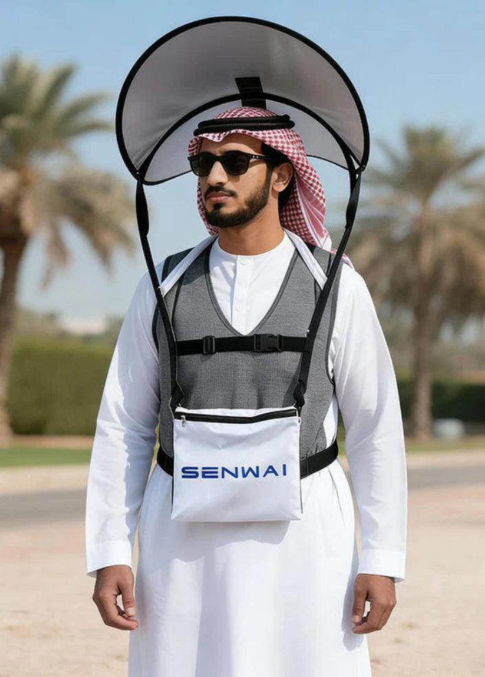 Darziq wearable sun shade hat designed for outdoor protection, featuring a lightweight fabric and adjustable brim for sun coverage.