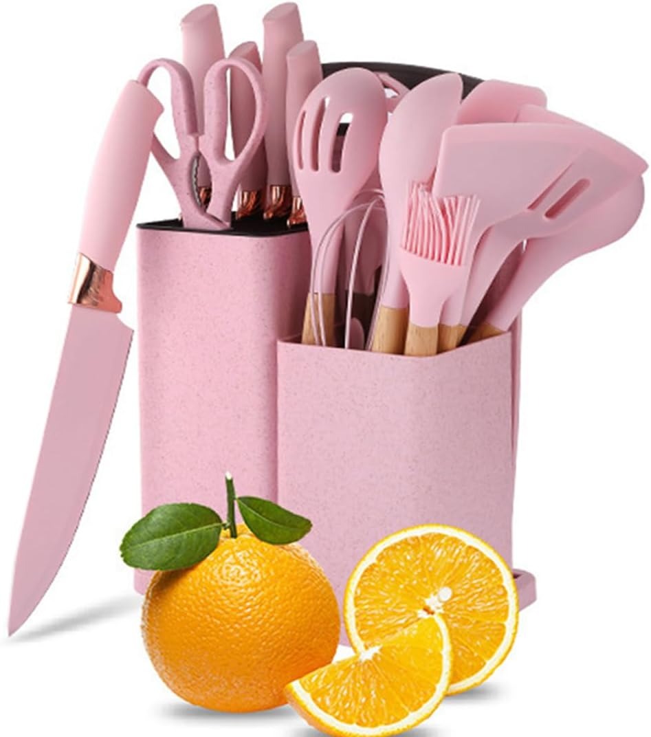 Darziq 19-piece kitchen utensil and knife set with pink storage block, includes spoons, spatulas, and knives for home cooking.