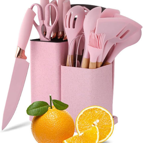 Darziq 19-piece kitchen utensil and knife set with pink storage block, includes spoons, spatulas, and knives for home cooking.