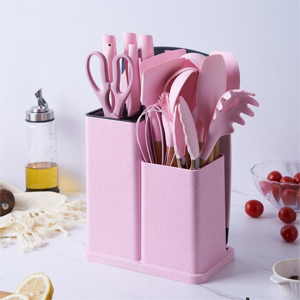 Darziq 19-piece kitchen utensil and knife set with pink storage block for cooking and prep in home and kitchen use.