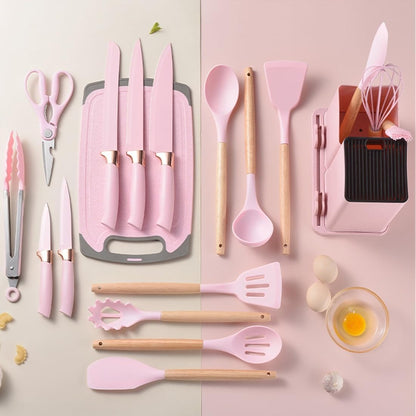 Darziq 19-piece pink kitchen utensil and knife set with storage block for home cooking and culinary prep.