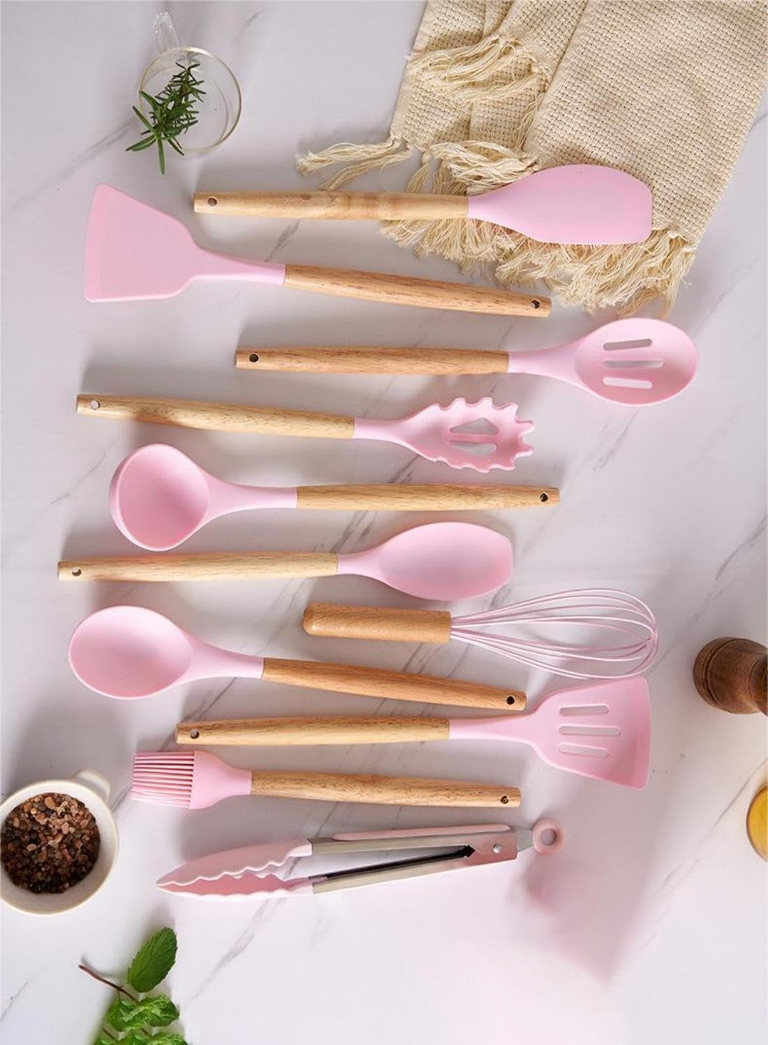 Darziq 19-piece pink kitchen utensil and knife set with storage block, includes spoons, spatulas, and knives for home cooking.