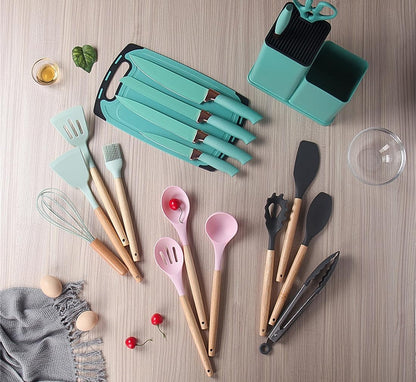 Darziq 19-piece kitchen cooking utensils and knife set with storage block, pink color, ideal for home and kitchen use