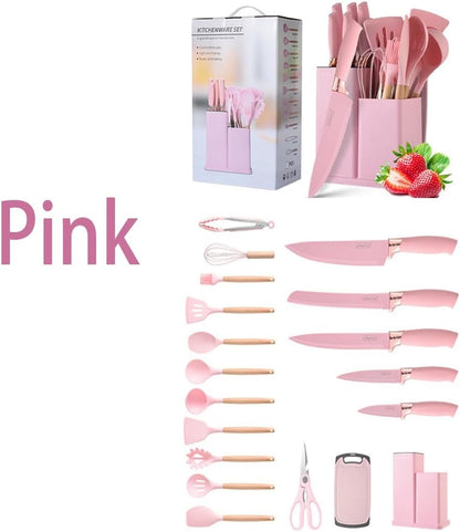 Darziq 19-piece kitchen cooking utensils and knife set with storage block, includes spatulas, knives, and kitchen tools in pink color.