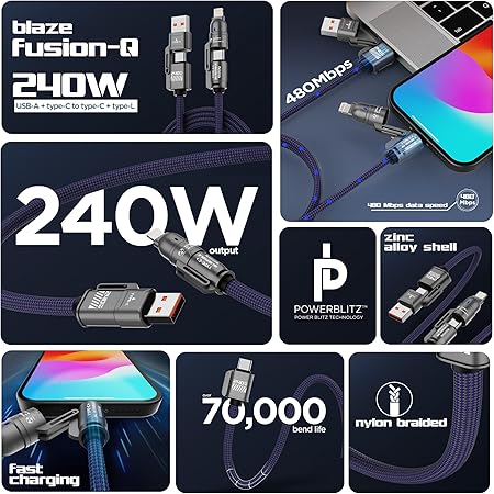 Darziq 240W 4-in-1 super fast charging cable for mobile and laptops, featuring multiple connector types on a white background.