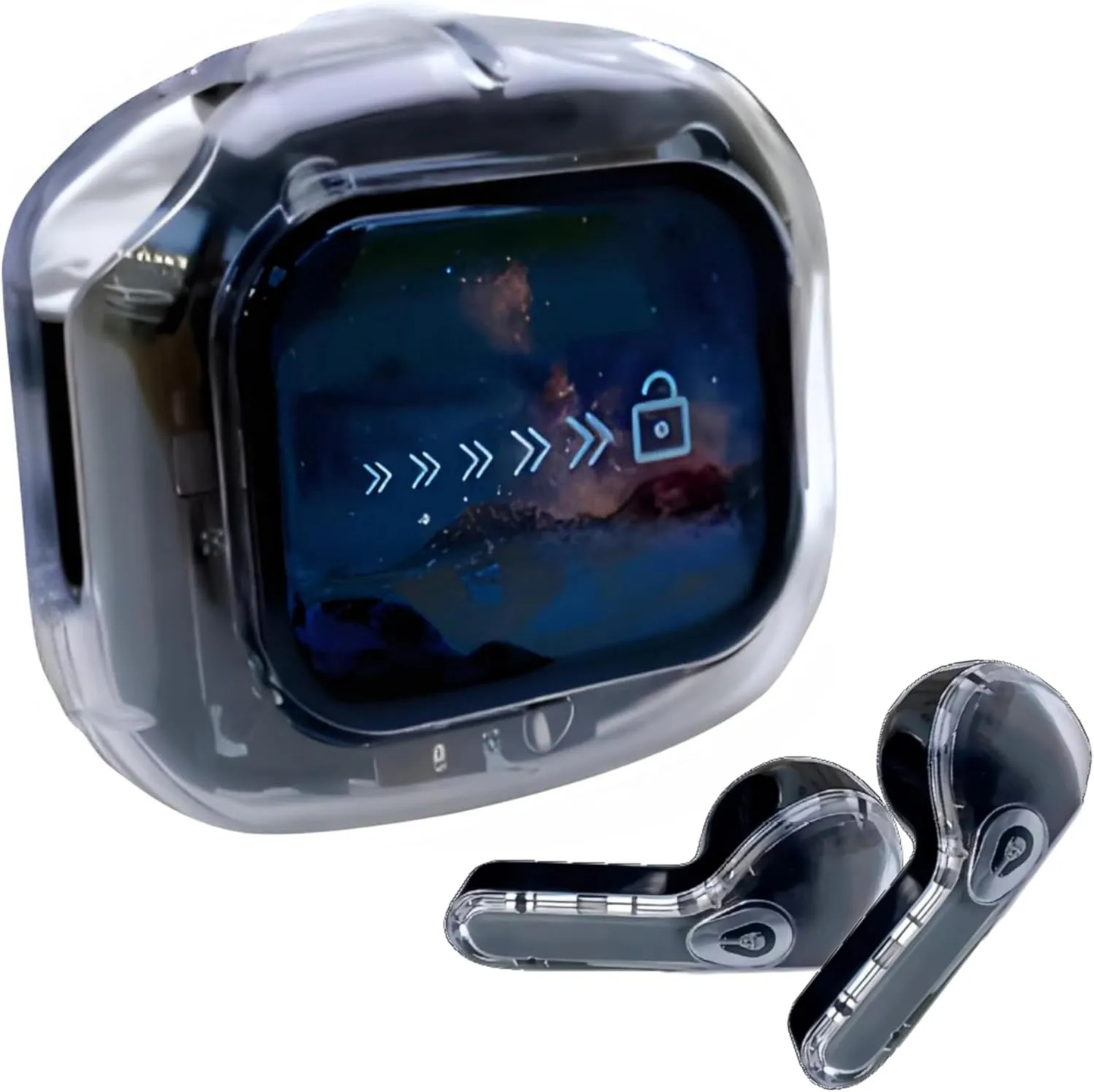 Darziq Airmax transparent touch screen earbuds for mobile and laptop accessories, with clear design and in-ear fit.