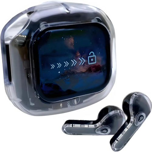 Darziq Airmax transparent touch screen earbuds for mobile and laptop accessories, with clear design and in-ear fit.