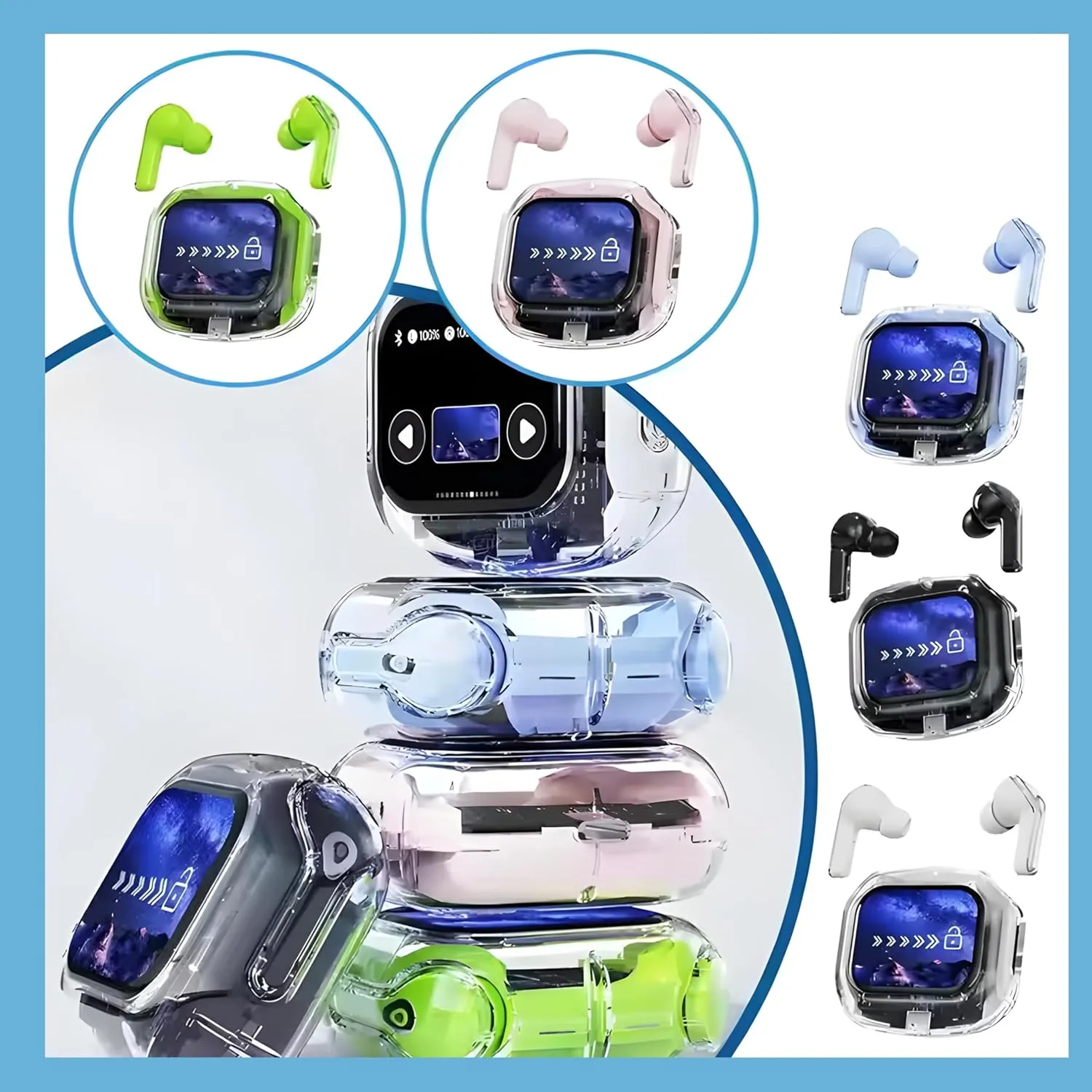 Darziq Airmax transparent touch screen earbuds for mobile and laptop accessories, with sleek design and in-ear audio technology.