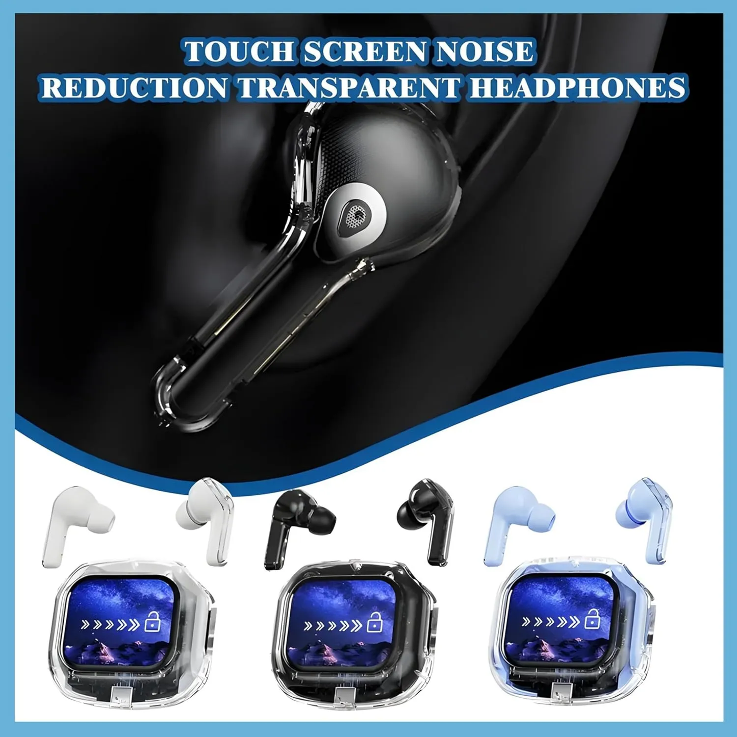 Darziq Airmax transparent touch screen earbuds for mobile and laptop accessories, with sleek design and in-ear fit.