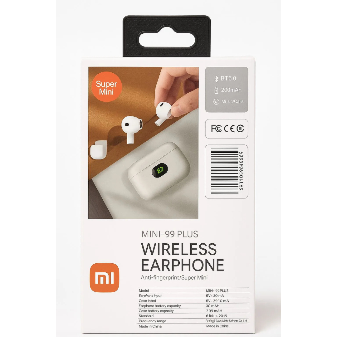 Darziq MINI-99 PLUS wireless earphones for mobile and laptop, close-up view showing sleek black design and earbuds