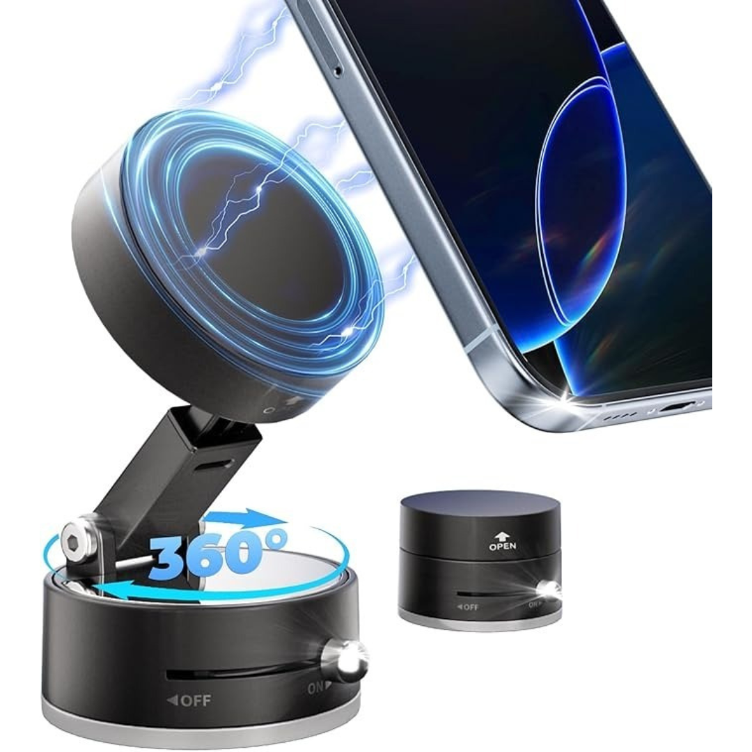 White Darziq foldable vacuum magnetic car phone holder attached to a car dashboard for secure mobile device mounting